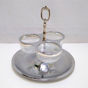 Kromex Stainless Steel Serving Caddy Three Glass Inserts Carry Handle Vintage